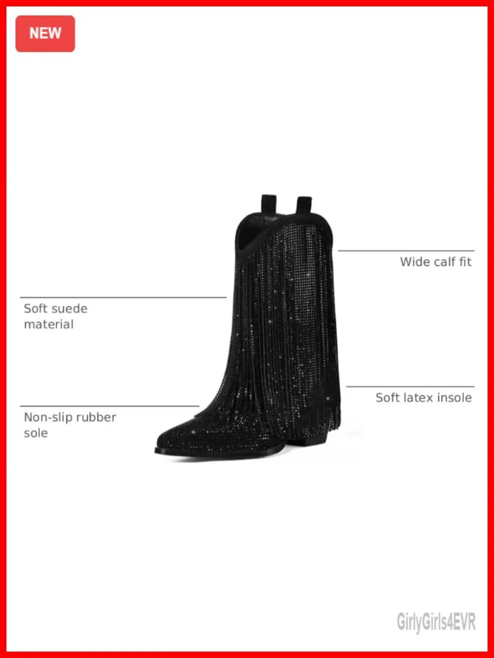 Women's Cowboy Boots Rhinestone Fringe Chunky Heel Pointed Toe Mid Calf Western